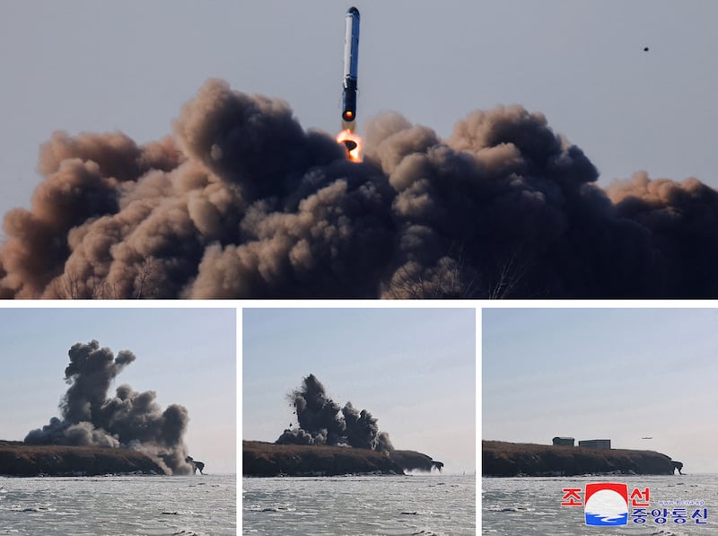 A sequence of photos of a North Korean missile launch.