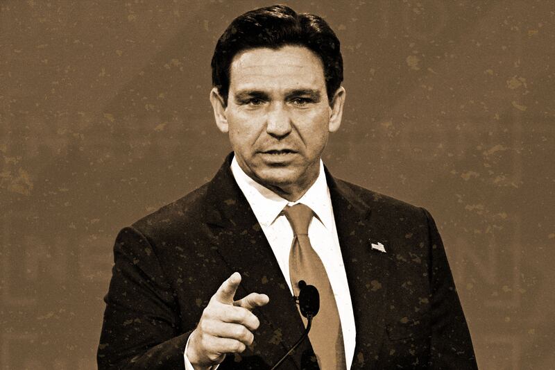 A photo illustration showing Ron DeSantis.