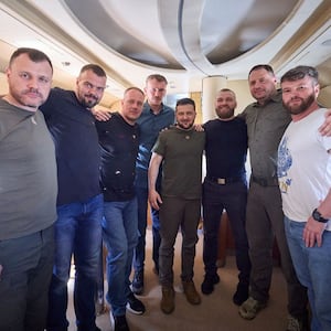 Ukraine's President Volodymyr Zelensky with commanders of defenders of the Azovstal Iron and Steel Works in Mariupol. The Kremlin is not happy about the return of the soldiers, who were supposed to stay in Turkey until the end ofthe war.