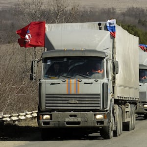 A convoy of 23 trucks carrying humanitarian aid from Moscow, mainly medicine and children's food, arrives in Tiraspol City, 25 March 2006.