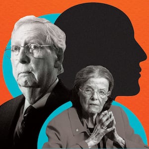 A photo illustration showing Mitch McConnell and Dianne Feinstein with a looming anonymous figure in the background.