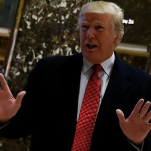 Donald Trump speaks to members of the press at Trump Tower in Manhattan.