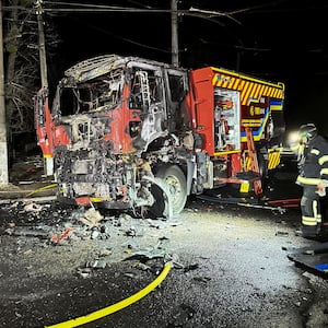 A damaged fire truck is seen at the site of a Russian drone strike, amid Russia's attack on Ukraine, in Kharkiv, Ukraine April 4, 2024.