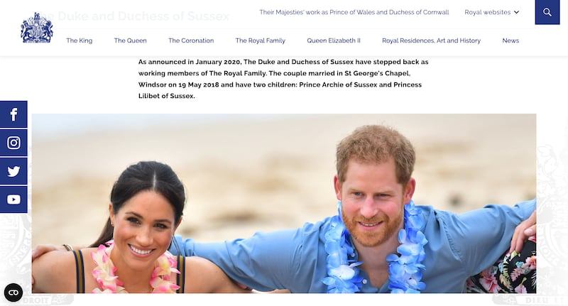 Prince Harry and Meghan Markle smile in a photo that’s embedded on a biography page on the Buckingham Palace website.