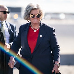 Susie Wiles and Former President Donald Trump disembark his plane known as Trump Force One at Manchester-Boston Regional Airport on Monday, Oct. 23, 2023, in Londonderry, New Hampshire.