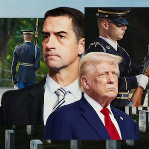 A photo illustration showing Tom Cotton, Donald Trump and military officials at Arlington National Cemetery.