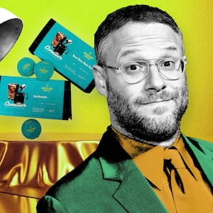 An illustration including photos of Seth Rogan and Cometeer Coffee on a table