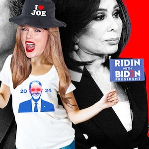 Illustration of Taylor Swift endorsing Joe Biden in front of Fox News hosts. 