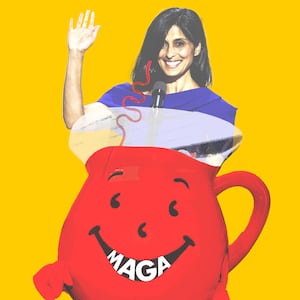 Photo illustration of Usha Vance on the Kool Aid man