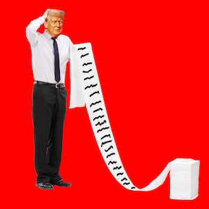 A photo illustration of Donald Trump holding a long list