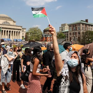 Students march and rally on Columbia University campus in support of a protest encampment supporting Palestinians, in New York City, U.S., April 29, 2024.