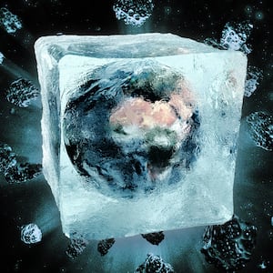 An illustration including a photo of the Earth in an Ice Cube surrounded by Asteroids