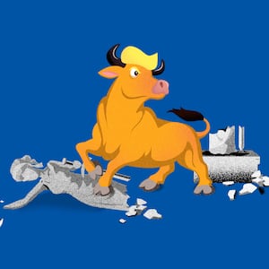 An illustration of an orange bull with Donald Trump hair standing over a a broken statue of justice