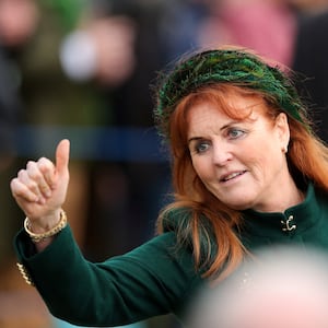 Sarah Ferguson gestures as she attends the Royal Family's Christmas Day service at St. Mary Magdalene's church, as the Royals take residence at the Sandringham estate in eastern England, Britain December 25, 2023.