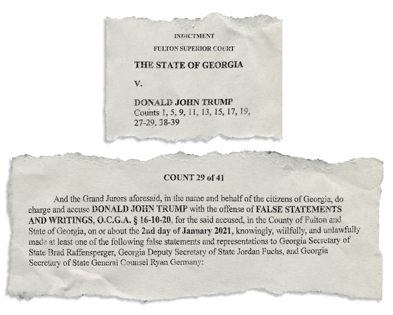 Tear-sheet of snippets of the Fani Willis Georgia indictment against President Trump