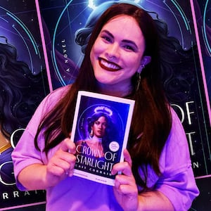 An illustration including a photo of book author Cait Corrain and her book cover Crown of Starlight