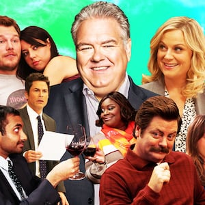 A photo illustration of Jim O'Heir and the cast of Parks and Rec.