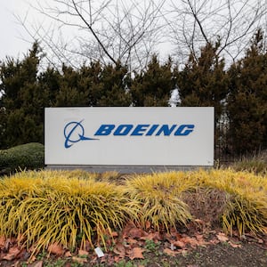 The Boeing logo is pictured as Boeing's 737 factory teams hold the first day of a "Quality Stand Down" for the 737 program at Boeing's factory in Renton, Washington on January 25, 2024. 