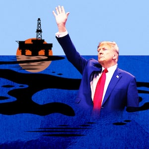 A photo illustration of Donald Trump floating in a oil spill in the ocean.