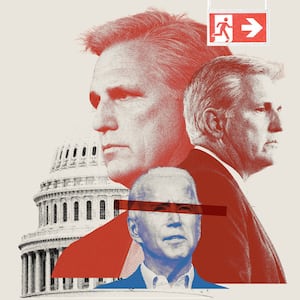 Photo illustration of Senator Kevin McCarthy (R-CA) and President Joe Biden with the US Capitol Building and an exit sign collaged.