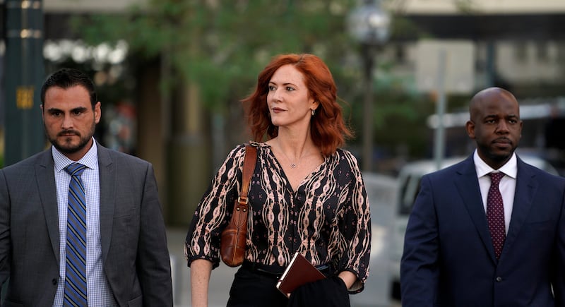 Publicist Tree Paine arrives at Denver Federal Court.