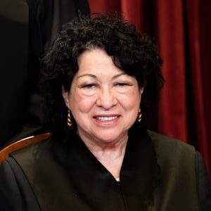 Associate Justice Sonia Sotomayor sits during a group photo of the Justices at the Supreme Court in Washington, DC on April 23, 2021.