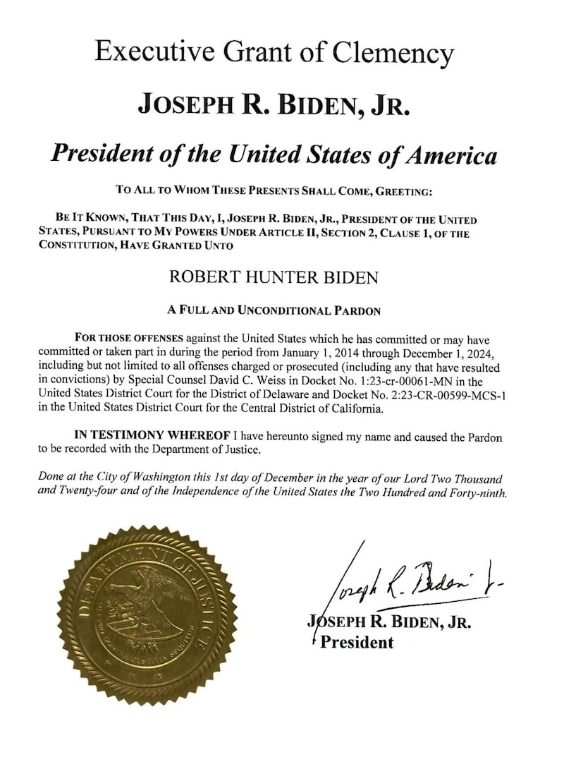 The official pardon document for Hunter Biden.