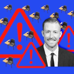 A photo illustration of Oklahoma’s Superintendent of public Instruction Ryan Walters and threat warning symbols and empty school desks.