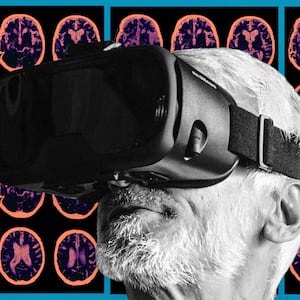 image of elderly person wearing virtual reality vr headset with brain scans behind in pink alzheimer scan virtue uk rehman gorman