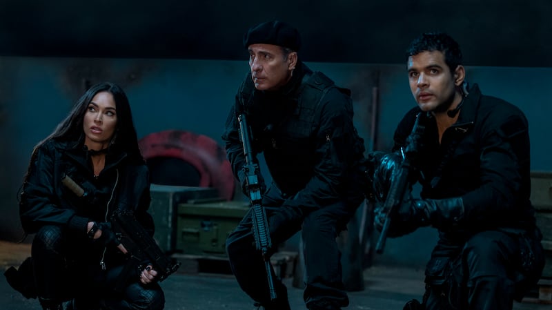 Photo still of Megan Fox as Gina, Andy Garcia as Marsh and Jacob Scipio as Galan in The Expendables 4