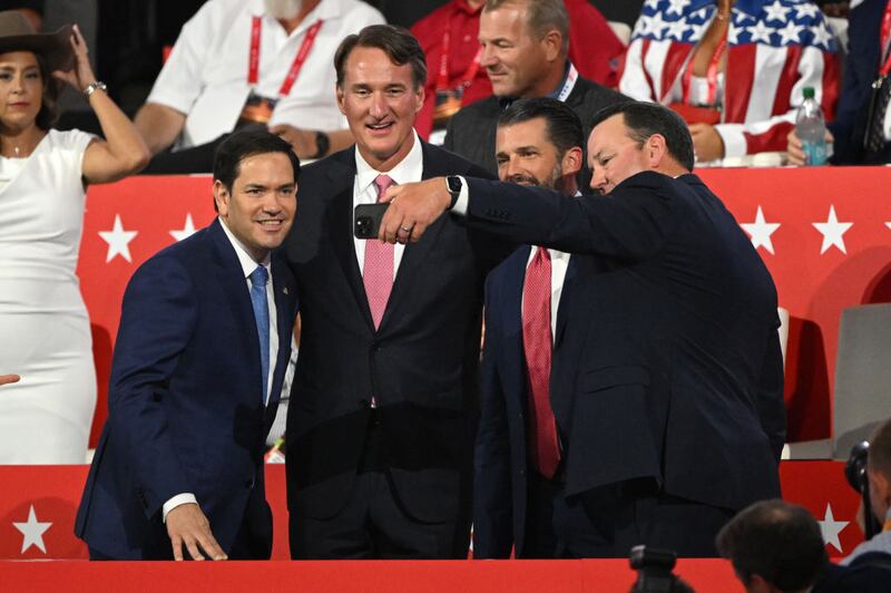 Sen. Marco Rubio, Virginia Gov. Glenn Youngkin, and Donald Trump Jr. attend the third day of the Republican National Convention in Milwaukee.