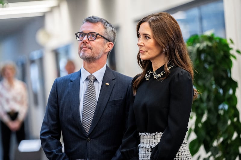 Then-Crown Prince Frederik, left, and Crown Princess Mary of Denmark look on during their visit at the University of Copenhagen, Denmark, November 7, 2023.