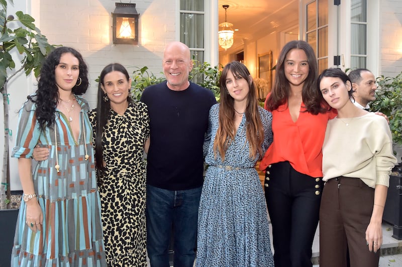 (L-R) Rumer Willis, Demi Moore, Bruce Willis, Scout Willis, Emma Heming Willis and Tallulah Willis attend Demi Moore's 'Inside Out' Book Party on September 23, 2019 in Los Angeles, California.