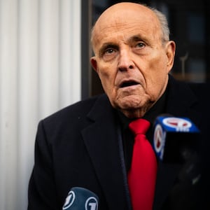 Rudy Giuliani speaks to members of the media where Republican candidate Florida Gov. Ron DeSantis was scheduled to host a campaign event on January 21, 2024 in Manchester, New Hampshire.