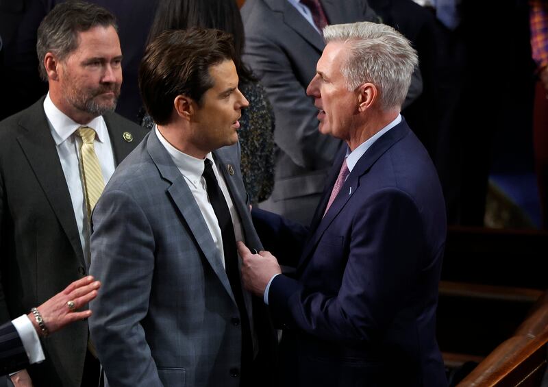 A photo including U.S. House Republican Leader Kevin McCarthy and Matt Gaetz (R-FL)