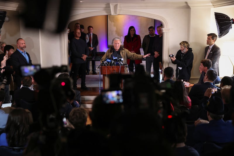 Steve Bannon, former advisor to former U.S. President and Republican presidential nominee Donald Trump, speaks during a press conference in New York City following his release from U.S. Federal jail in Connecticut, U.S., October 29, 2024. REUTERS/Andrew Kelly