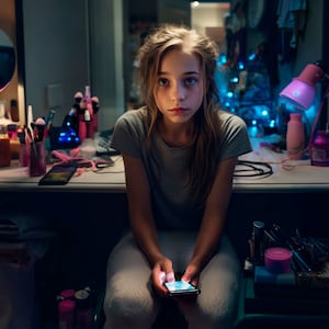 An image of a young girl sitting in front of a desk with a phone in her hands