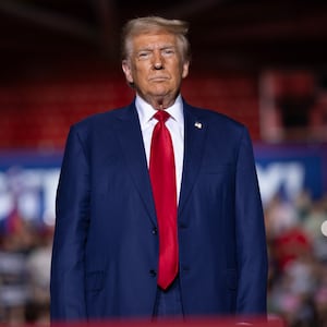 Republican presidential nominee former US President Donald Trump speaks to supporters during a campaign event at Saginaw Valley State University on October 03, 2024 in Saginaw, Michigan.