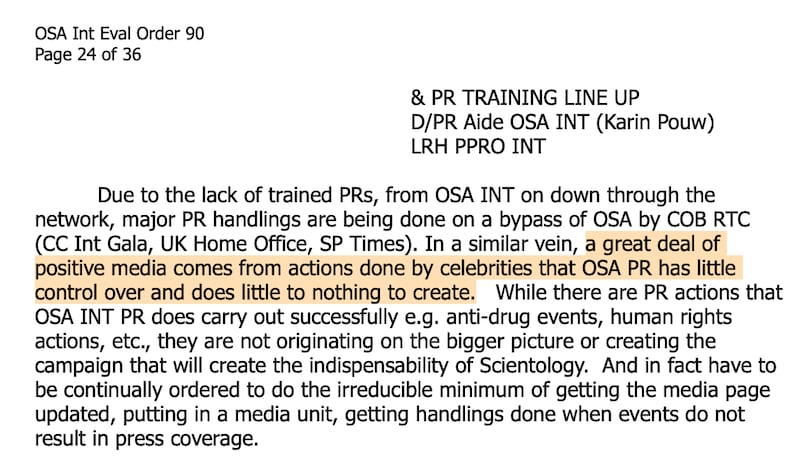 An excerpt of a Church of Scientology memo shows the importance the it places on celebrity members in promoting the organization.