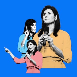 A photo illustration that shows three images of Nikki Haley collaged together