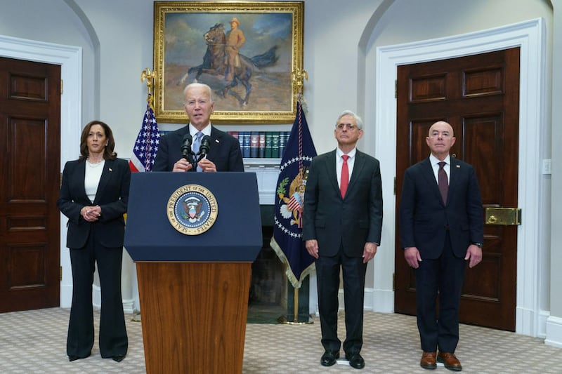 President Joe Biden speaks from the Roosevelt Room of the White House.