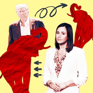 A photo illustration of former President Donald Trump and Alabama Senator Katie Britt and GOP red elephants.