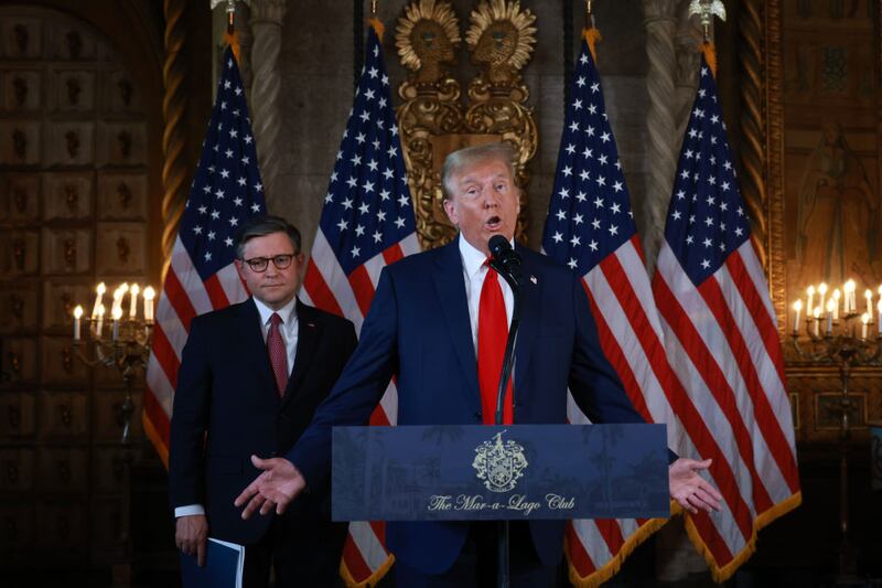 Former President Donald Trump and Speaker of the House Mike Johnson (R-LA) hold a press conference at Mar-a-Lago