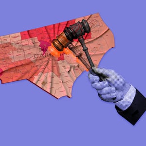 A gavel strikes the gerrymander voting map of North Carolina