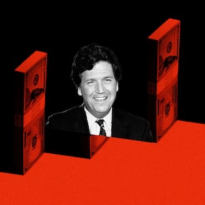 An illustration that includes images of Tucker Carlson, Money, and the Fox News logo.