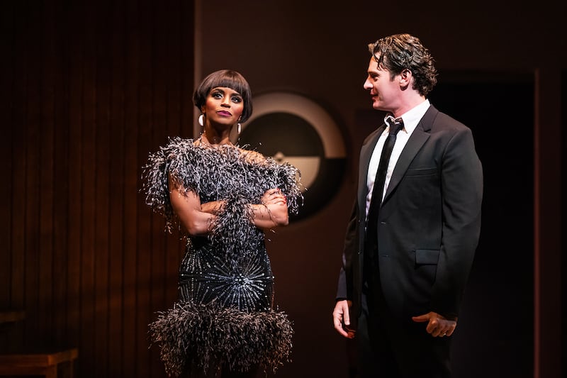 Krystal Joy Brown, left, and Jonathan Groff in "Merrily We Roll Along" on Broadway.