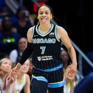 Chicago Sky guard Chennedy Carter (7) reacts during the first quarter against the Dallas Wings at College Park Center. 