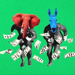 A photo illustration of an elephant and donkey racing towards money