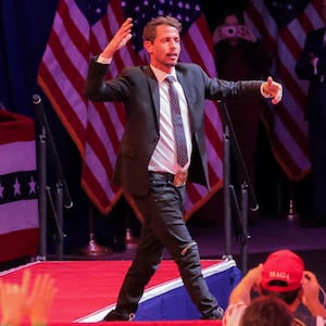 Comedian Tony Hinchcliffe walks on stage during a rally for Republican presidential nominee and former U.S. President Donald Trump at Madison Square Garden, in New York, U.S., October 27, 2024. REUTERS/Andrew Kelly