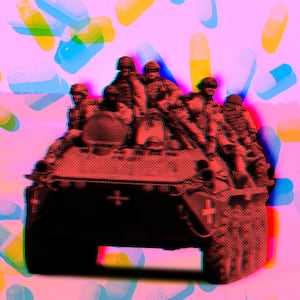 A photo illustration of Ukrainian soldiers on an armored vehicle and drug pills.